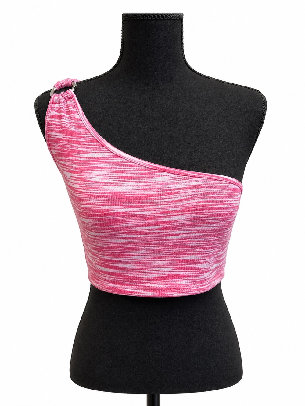 STREETWEAR SOCIETY PINK WHITE ONE SHOULDER CROPPED TOP WITH SILVER RING DETAIL